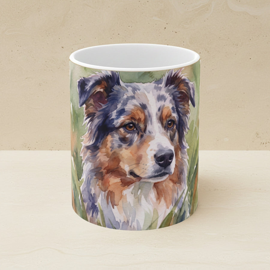 Australian Shepherd Watercolor Ceramic Coffee Mug 11oz, Soft Dog Painting, Australian Shepherd Lover Gift shown on a warm limestone shelf, front view