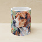 Beagle Watercolor Ceramic Coffee Mug 11oz, Soft Dog Painting, Beagle Lover Gift shown on a warm limestone shelf, front view