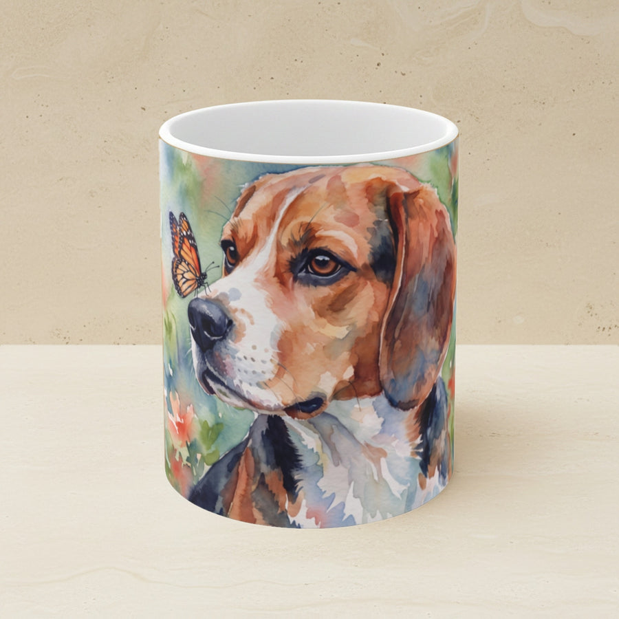 Beagle Watercolor Ceramic Coffee Mug 11oz, Soft Dog Painting, Beagle Lover Gift shown on a warm limestone shelf, front view