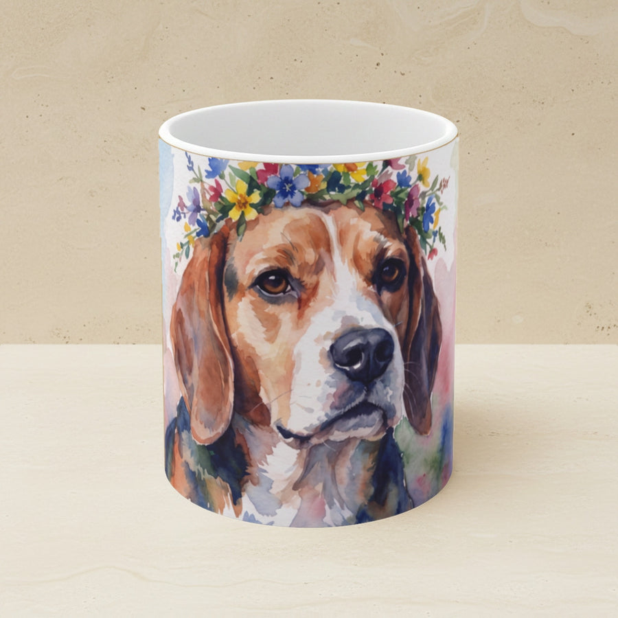 Beagle Watercolor Ceramic Coffee Mug 11oz, Soft Dog Painting, Beagle Lover Gift shown on a warm limestone shelf, front view