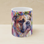 English Bulldog Watercolor Ceramic Coffee Mug 11oz, Soft Dog Painting, English Bulldog Lover Gift shown on a warm limestone shelf, front view