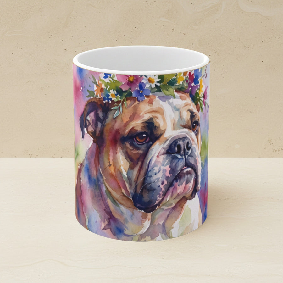 English Bulldog Watercolor Ceramic Coffee Mug 11oz, Soft Dog Painting, English Bulldog Lover Gift shown on a warm limestone shelf, front view