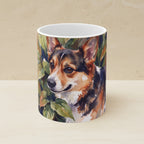 Corgi Watercolor Ceramic Coffee Mug 11oz, Soft Dog Painting, Corgi Lover Gift shown on a warm limestone shelf, front view