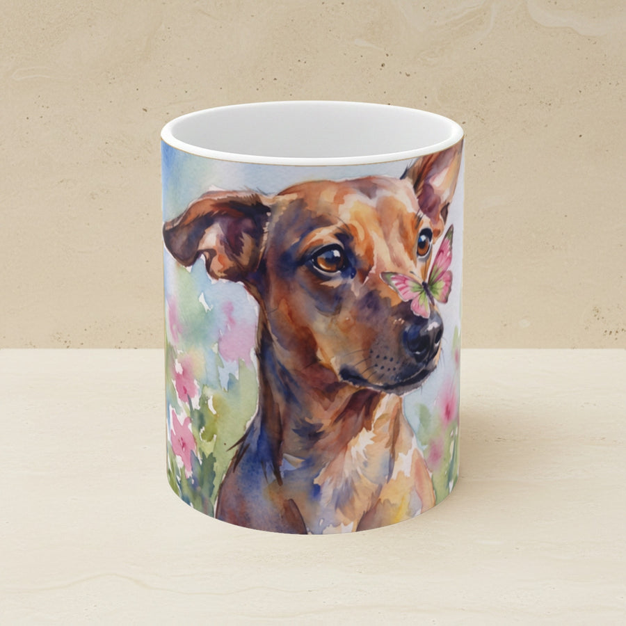Dachshund Watercolor Ceramic Coffee Mug 11oz, Soft Dog Painting, Dachshund Lover Gift shown on a warm limestone shelf, front view