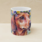 Dachshund Watercolor Ceramic Coffee Mug 11oz, Soft Dog Painting, Dachshund Lover Gift shown on a warm limestone shelf, front view
