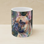French Bulldog Watercolor Ceramic Coffee Mug 11oz, Soft Dog Painting, French Bulldog Lover Gift shown on a warm limestone shelf, front view