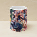 German Shepherd Watercolor Ceramic Coffee Mug 11oz, Soft Dog Painting, German Shepherd Lover Gift shown on a warm limestone shelf, front view
