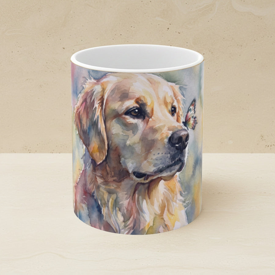 Golden Retriever Watercolor Butterfly Bloom Ceramic Mug 11oz shown on a warm limestone shelf, front view