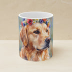 Golden Retriever Watercolor Ceramic Mug 11oz shown on a warm limestone shelf, front view