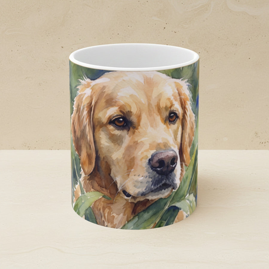 Golden Retriever Watercolor Garden Peek Ceramic Mug 11oz shown on a warm limestone shelf, front view