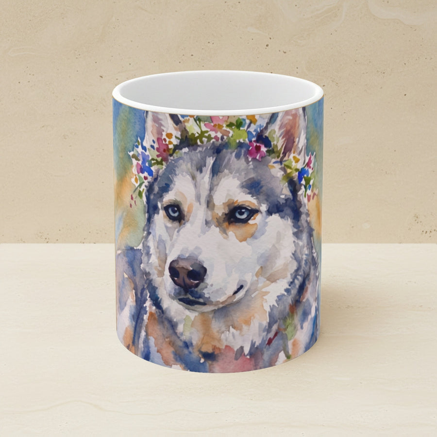 Siberian Husky Watercolor Ceramic Coffee Mug 11oz, Soft Dog Painting, Siberian Husky Lover Gift shown on a warm limestone shelf, front view