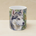 Siberian Husky Watercolor Ceramic Coffee Mug 11oz, Soft Dog Painting, Siberian Husky Lover Gift shown on a warm limestone shelf, front view