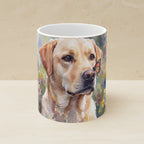 Labrador Retriever Watercolor Ceramic Coffee Mug 11oz, Soft Dog Painting, Labrador Retriever Lover Gift shown on a warm limestone shelf, front view