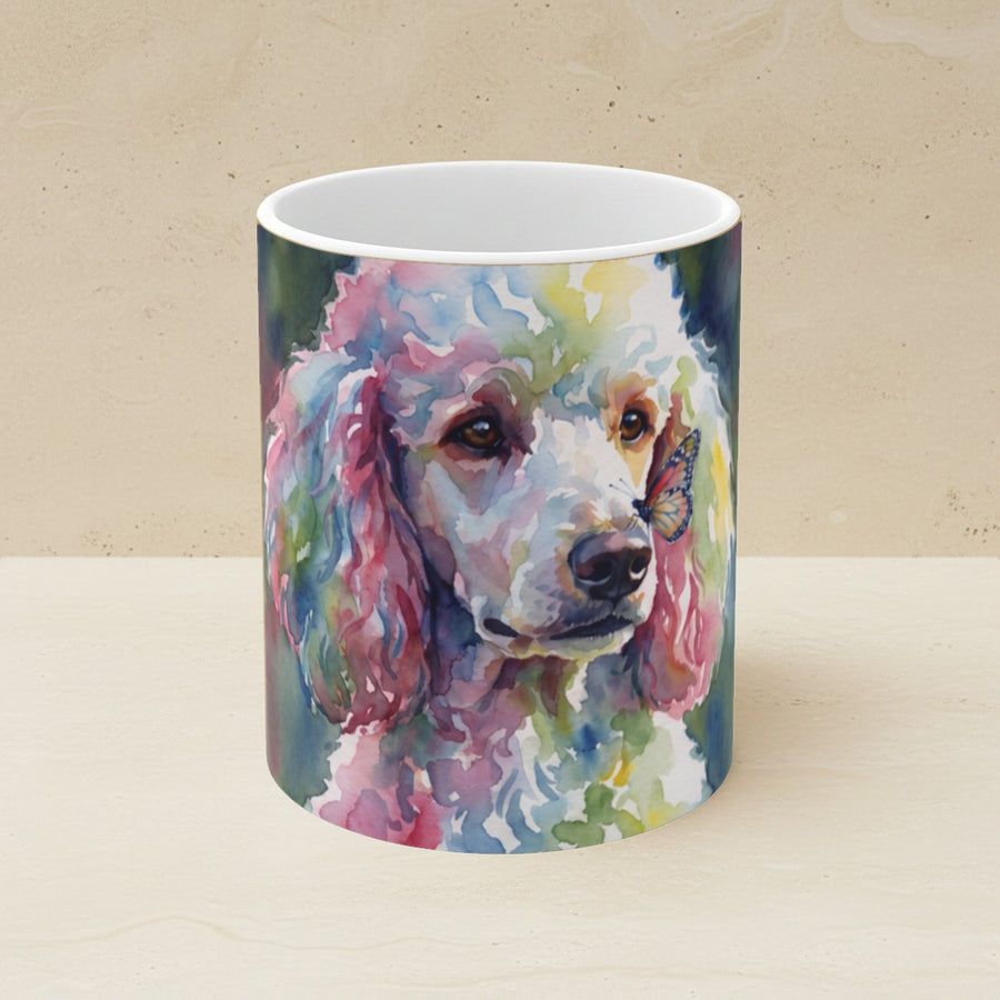 Poodle Watercolor Ceramic Coffee Mug 11oz, Soft Dog Painting, Poodle Lover Gift shown on a warm limestone shelf, front view