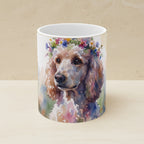 Poodle Watercolor Ceramic Coffee Mug 11oz, Soft Dog Painting, Poodle Lover Gift shown on a warm limestone shelf, front view