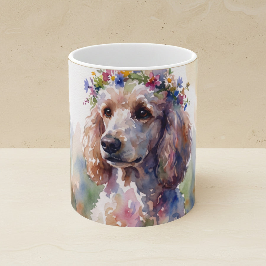 Poodle Watercolor Ceramic Coffee Mug 11oz, Soft Dog Painting, Poodle Lover Gift shown on a warm limestone shelf, front view