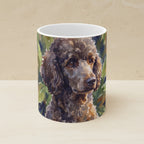 Poodle Watercolor Ceramic Coffee Mug 11oz, Soft Dog Painting, Poodle Lover Gift shown on a warm limestone shelf, front view
