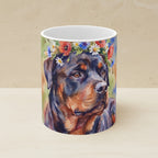 Rottweiler Watercolor Ceramic Coffee Mug 11oz, Soft Dog Painting, Rottweiler Lover Gift shown on a warm limestone shelf, front view