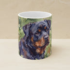 Rottweiler Watercolor Ceramic Coffee Mug 11oz, Soft Dog Painting, Rottweiler Lover Gift shown on a warm limestone shelf, front view