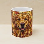 Golden Retriever Stained Glass Warm Jewel Ceramic Mug 11oz shown on a warm limestone shelf, front view