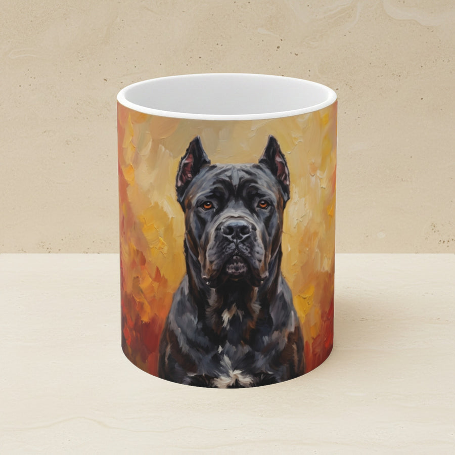 Acrylic Painting Cane Corso - Autumn Woods shown on a warm limestone shelf, front view