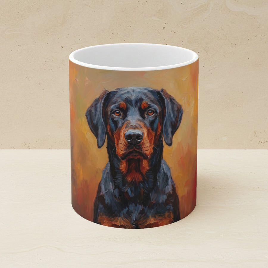 Dachshund Acrylic Ceramic Coffee Mug 11oz, Sunset Dog Art, Dachshund Lover Gift shown on a warm limestone shelf, front view