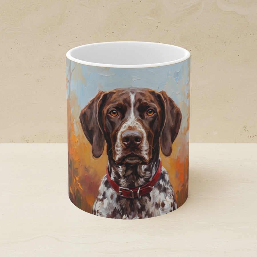 German Shorthaired Pointer Acrylic Ceramic Coffee Mug 11oz, Sunset Dog Art, German Shorthaired Pointer Lover Gift shown on a warm limestone shelf, front view