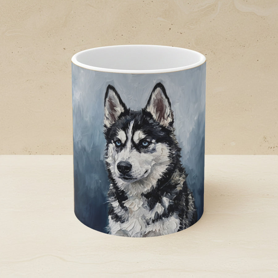 Acrylic Painting Siberian Husky - Coastal Cliffside shown on a warm limestone shelf, front view