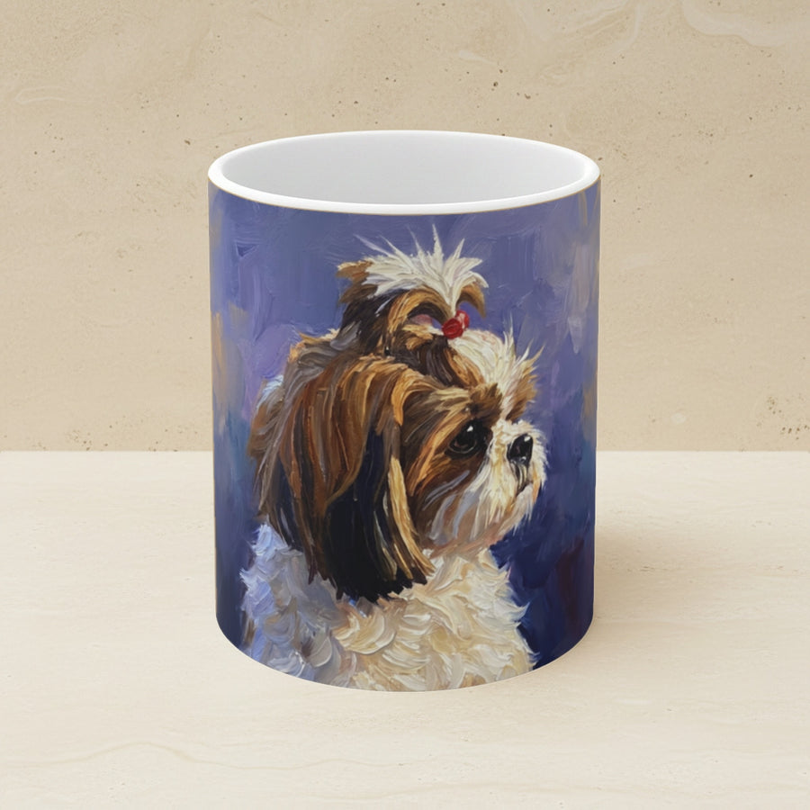 Shih Tzu Acrylic Ceramic Coffee Mug 11oz, Deep Blue Dog Art, Shih Tzu Lover Gift shown on a warm limestone shelf, front view