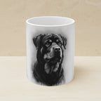 Rottweiler Charcoal Art Mug, Dog Mom Gift, Pet Lover Coffee Cup, Gentle Giant Dog Dad Ceramic 11oz Mug shown on a warm limestone shelf, front view