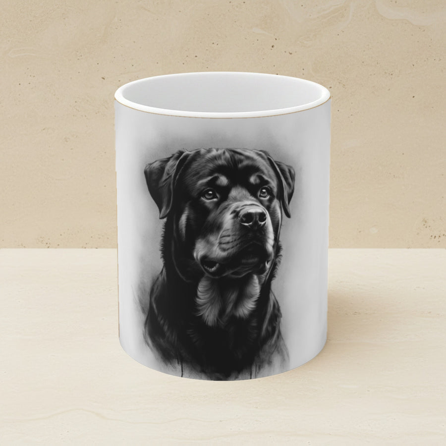 Rottweiler Charcoal Art Mug, Dog Mom Gift, Pet Lover Coffee Cup, Gentle Giant Dog Dad Ceramic 11oz Mug shown on a warm limestone shelf, front view