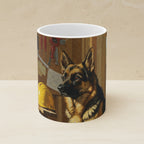 On the Clock German Shepherd Ceramic Mug shown on a warm limestone shelf, front view