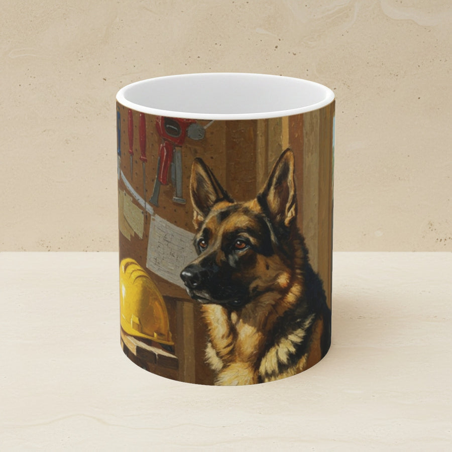On the Clock German Shepherd Ceramic Mug shown on a warm limestone shelf, front view