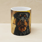 On the Clock Rottweiler Ceramic Mug shown on a warm limestone shelf, front view