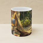 On the Clock Labrador Retriever Ceramic Mug shown on a warm limestone shelf, front view