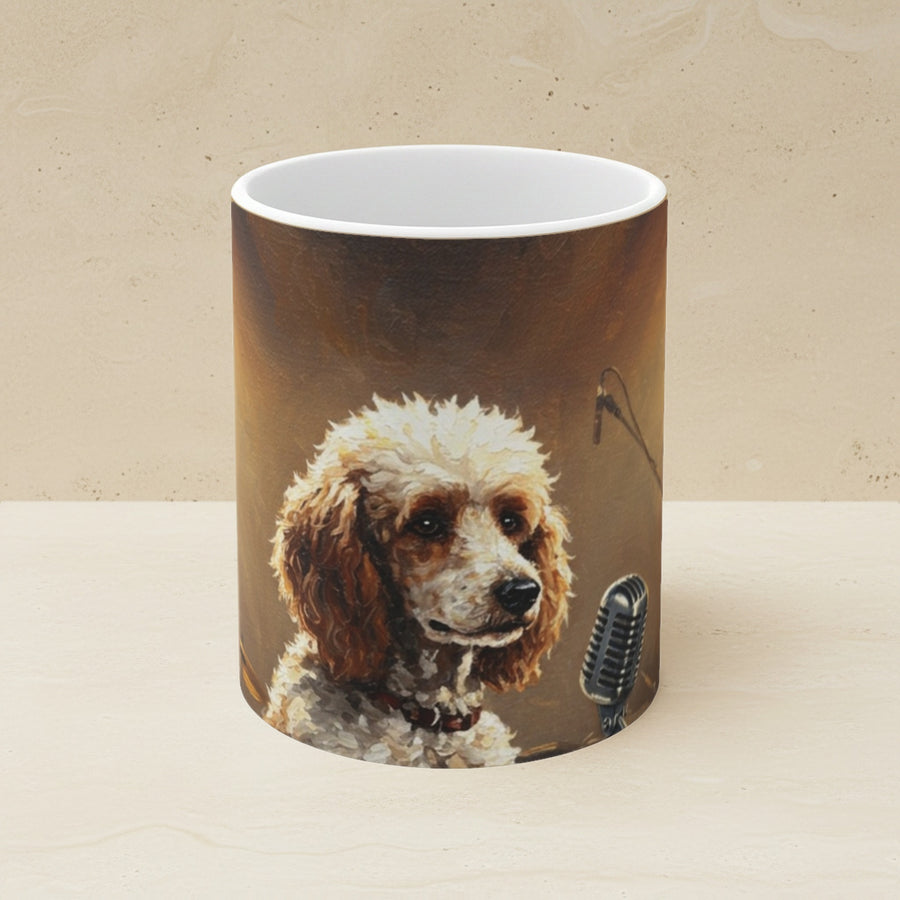 Stage Lights Poodle Ceramic Mug shown on a warm limestone shelf, front view