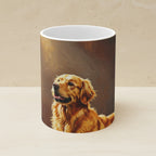 Stage Lights Golden Retriever Ceramic Mug shown on a warm limestone shelf, front view
