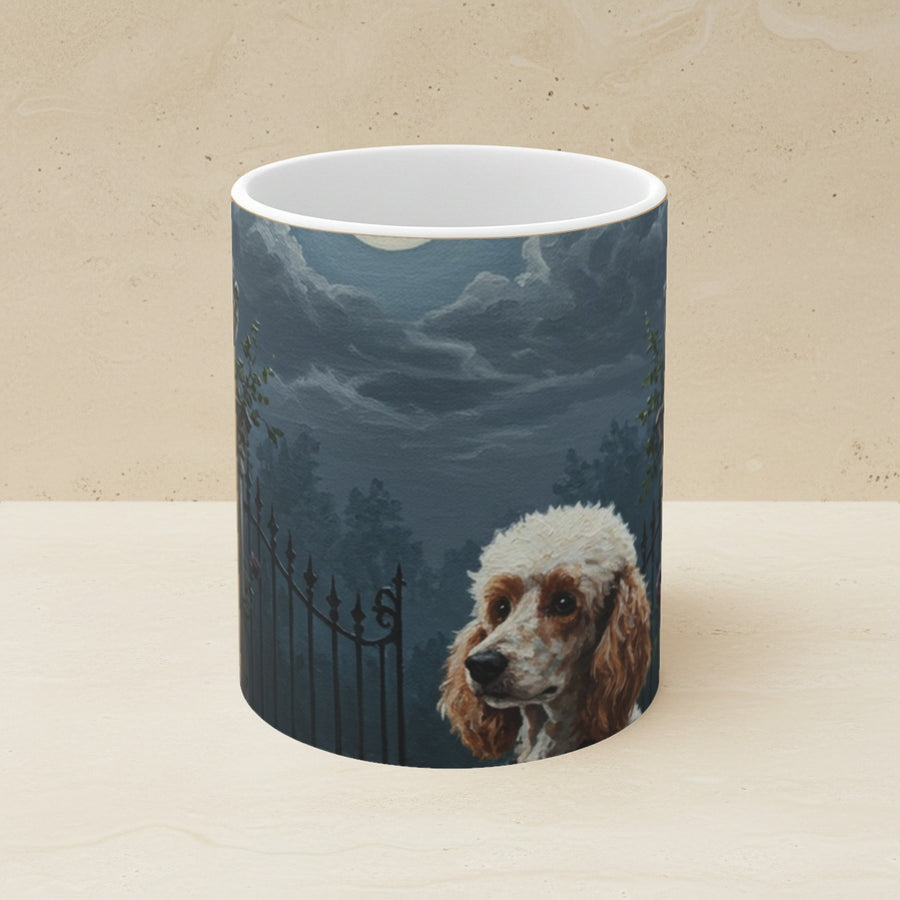 Coven Poodle Ceramic Mug shown on a warm limestone shelf, front view