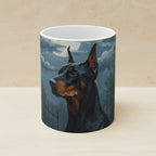 Coven Doberman Ceramic Mug shown on a warm limestone shelf, front view