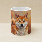 Shiba Inu Mug, Autumn Woods Acrylic Painting Dog Art Ceramic Coffee Cup, Pet Lover Gift, Home Decor shown on a warm limestone shelf, front view