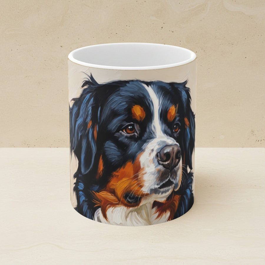 Bernese Mountain Dog Oil Portrait Ceramic Mug 11oz shown on a warm limestone shelf, front view
