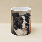 Border Collie Oil Portrait Ceramic Mug 11oz shown on a warm limestone shelf, front view