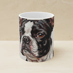 Boston Terrier Oil Portrait Ceramic Mug 11oz shown on a warm limestone shelf, front view