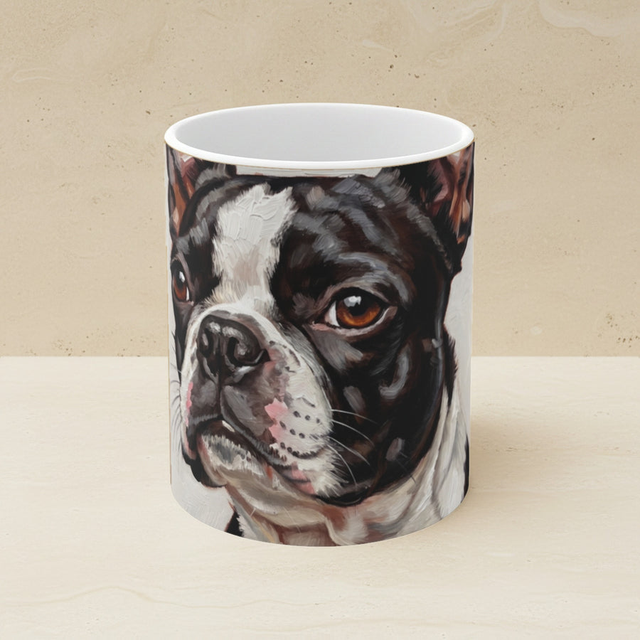 Boston Terrier Oil Portrait Ceramic Mug 11oz shown on a warm limestone shelf, front view
