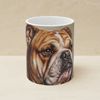 English Bulldog Oil Portrait Ceramic Mug 11oz shown on a warm limestone shelf, front view