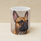 French Bulldog Oil Portrait Ceramic Mug 11oz shown on a warm limestone shelf, front view