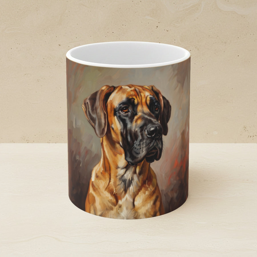 Great Dane Oil Portrait Ceramic Mug 11oz shown on a warm limestone shelf, front view