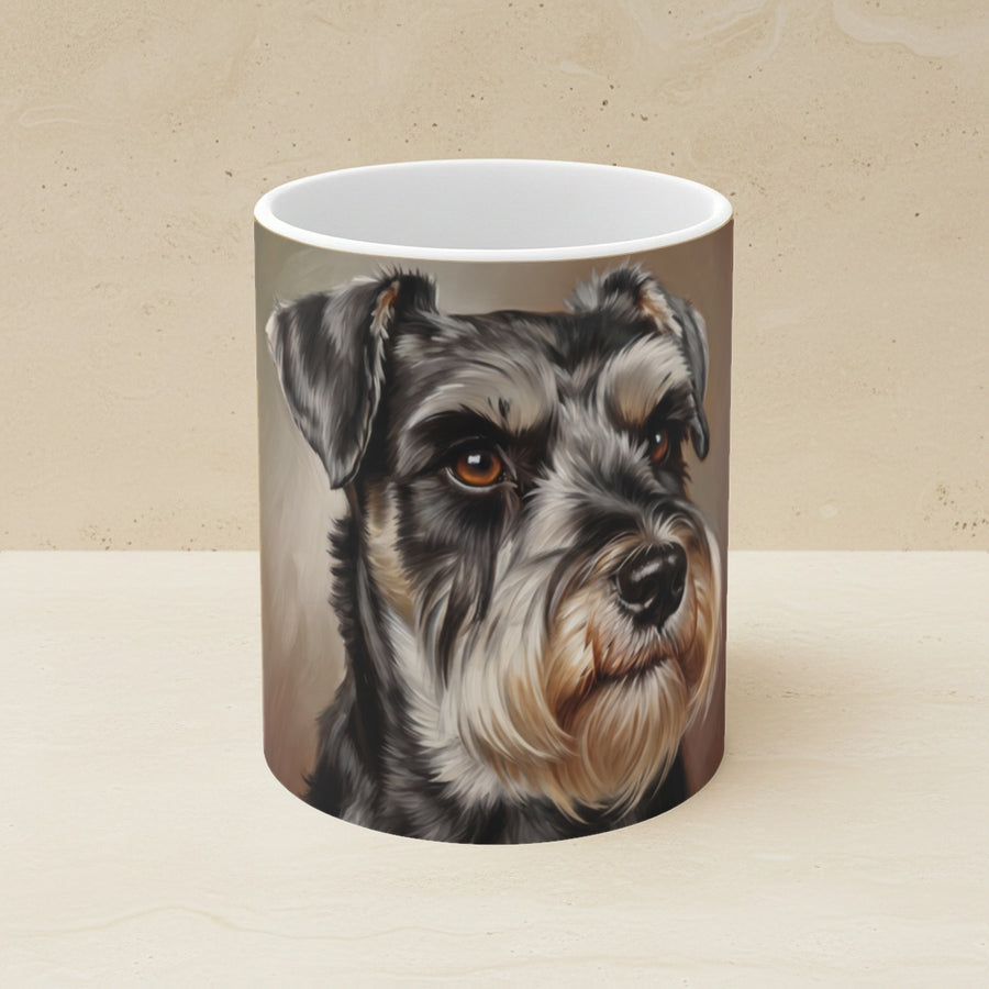 Miniature Schnauzer Oil Portrait Ceramic Mug 11oz shown on a warm limestone shelf, front view