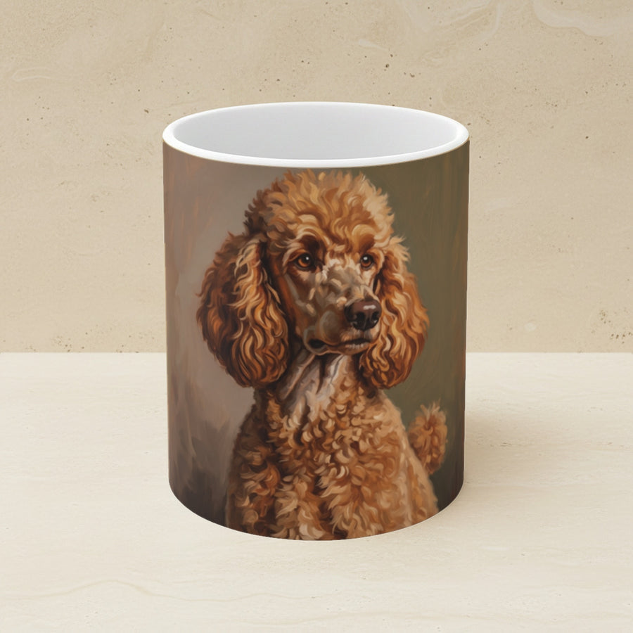 Poodle Oil Portrait Ceramic Mug 11oz shown on a warm limestone shelf, front view