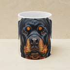 Rottweiler Oil Portrait Ceramic Mug 11oz shown on a warm limestone shelf, front view